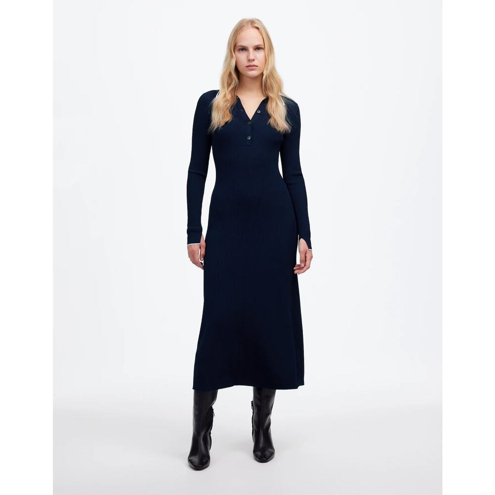 $148 New Madewell Ribbed Long Sleeve Midi Dress - Navy XS